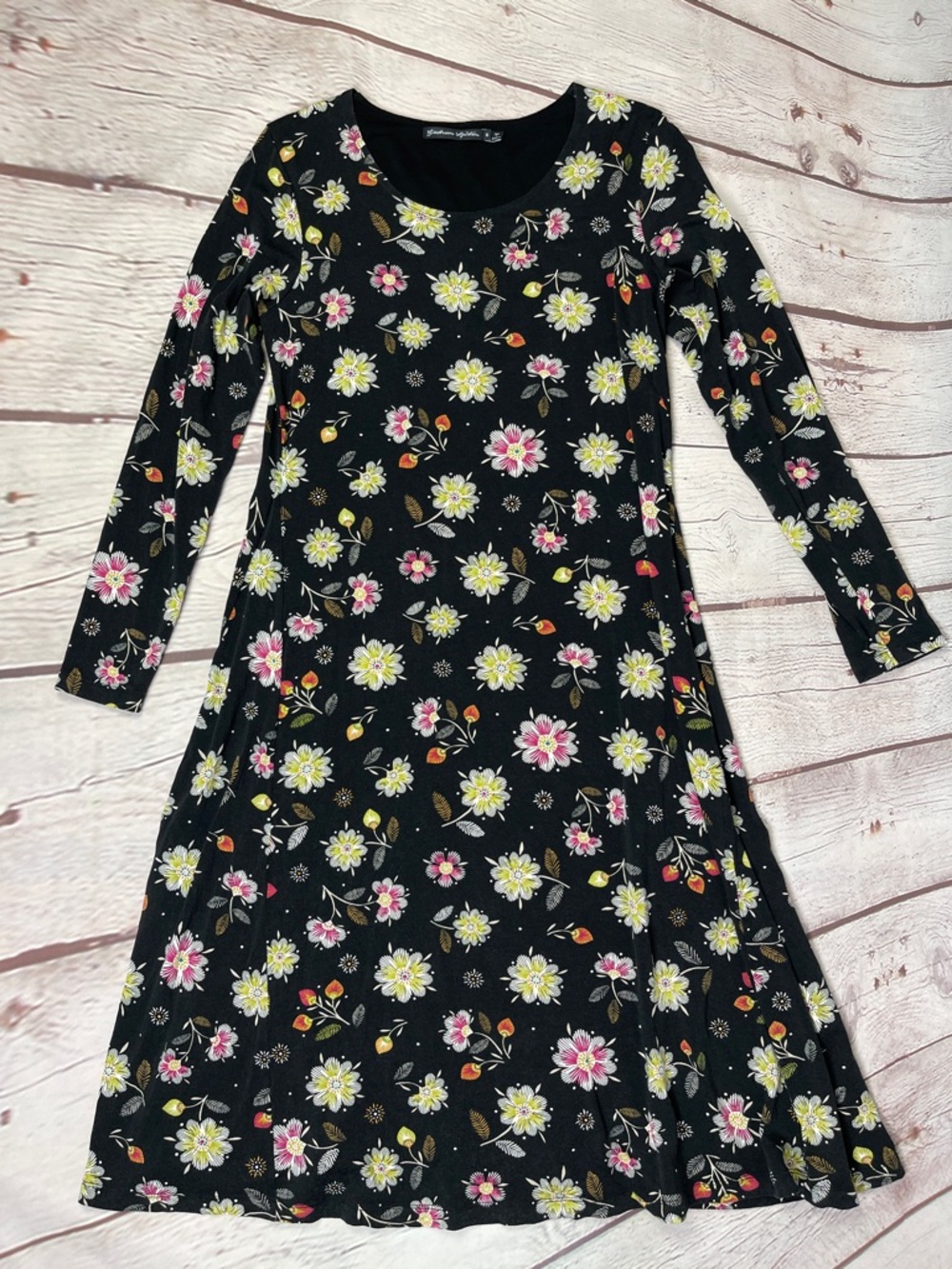 GUDRUN SJODEN black floral long sleeve boat neck lightweight flowy dress, size S - Picture 4 of 11